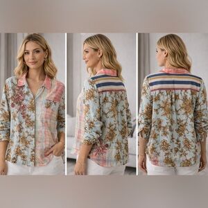 Soft Surroundings Mixed Print Embroidered Cotton Blouse L